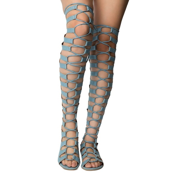 Cape Robbin Shoes - Size 7.5 Denim Lace-Up Over Knee Gladiator Sandals
